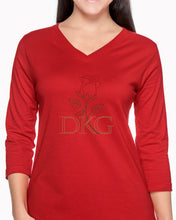 Load image into Gallery viewer, Rosebud Shirt (V-Neck, ¾ Sleeves, Red/Green/Gold Rhinestones)