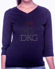 Load image into Gallery viewer, Rosebud Shirt (V-Neck, ¾ Sleeves, Red/Green/Silver Rhinestones)