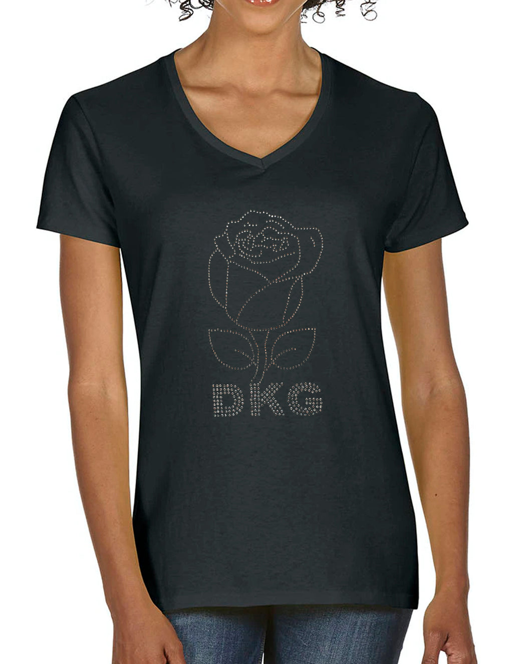 Large Rose Shirt (V-Neck, Short Sleeve, Silver Rhinestones)