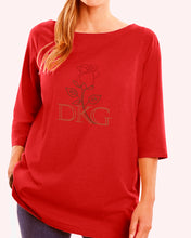 Load image into Gallery viewer, Rosebud Shirt Plus Sizes (Boat Neck, ¾ Sleeves, Red/Green/Gold Rhinestones)
