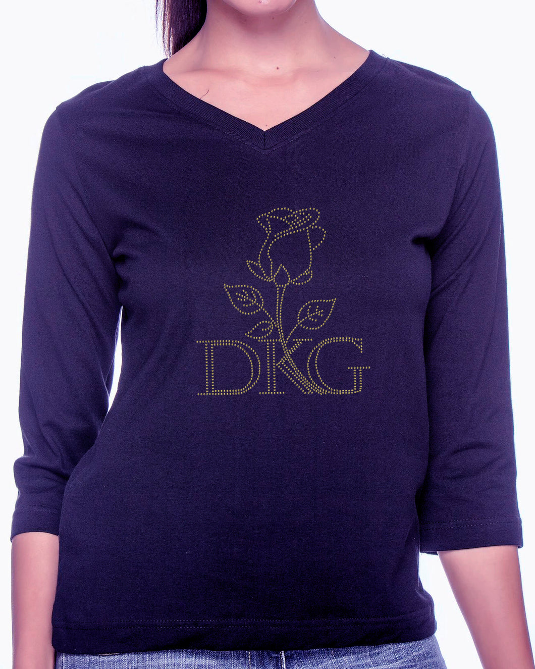 Rosebud Shirt (V-Neck, ¾ Sleeves, Gold Rhinestones)