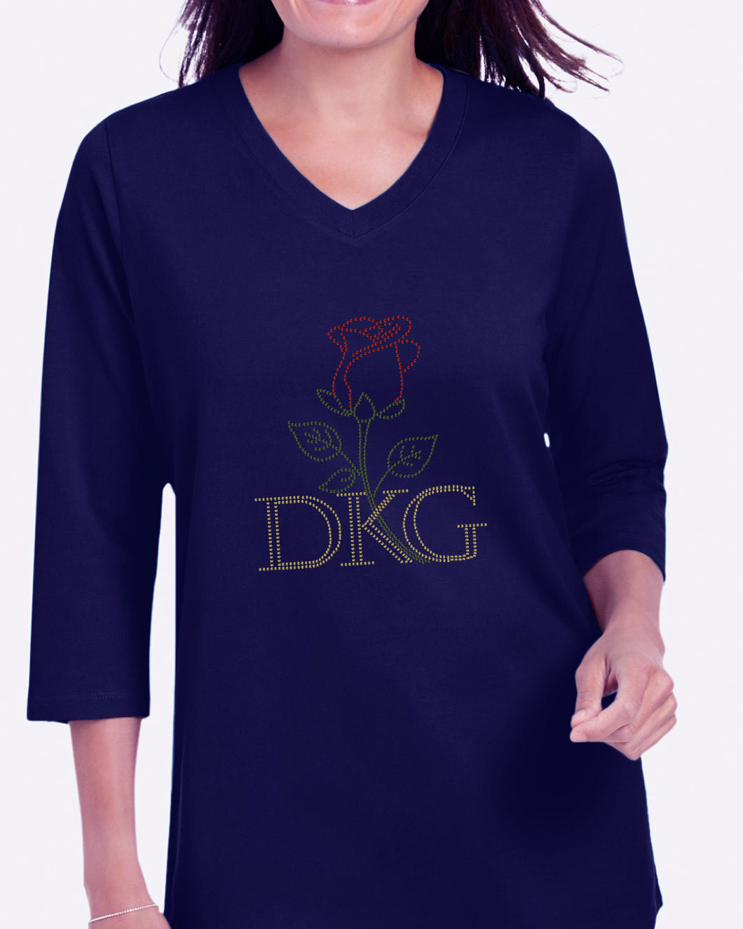Rosebud Shirt Plus Sizes (V-Neck, ¾ Sleeves, Red/Green/Gold Rhinestones)