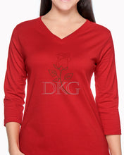 Load image into Gallery viewer, Rosebud Shirt (V-Neck, ¾ Sleeves, Red/Green/Silver Rhinestones)
