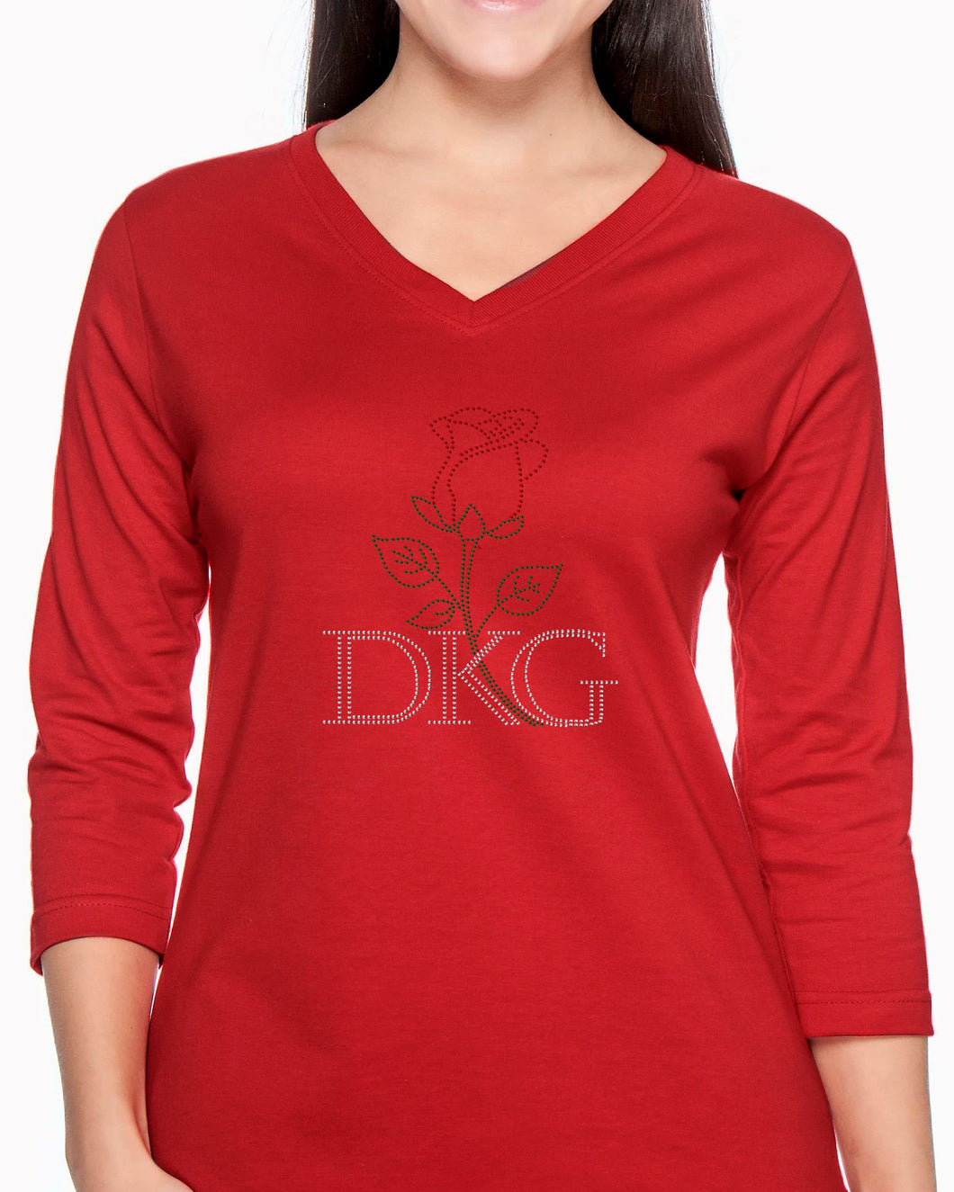 Rosebud Shirt (V-Neck, ¾ Sleeves, Red/Green/Silver Rhinestones)